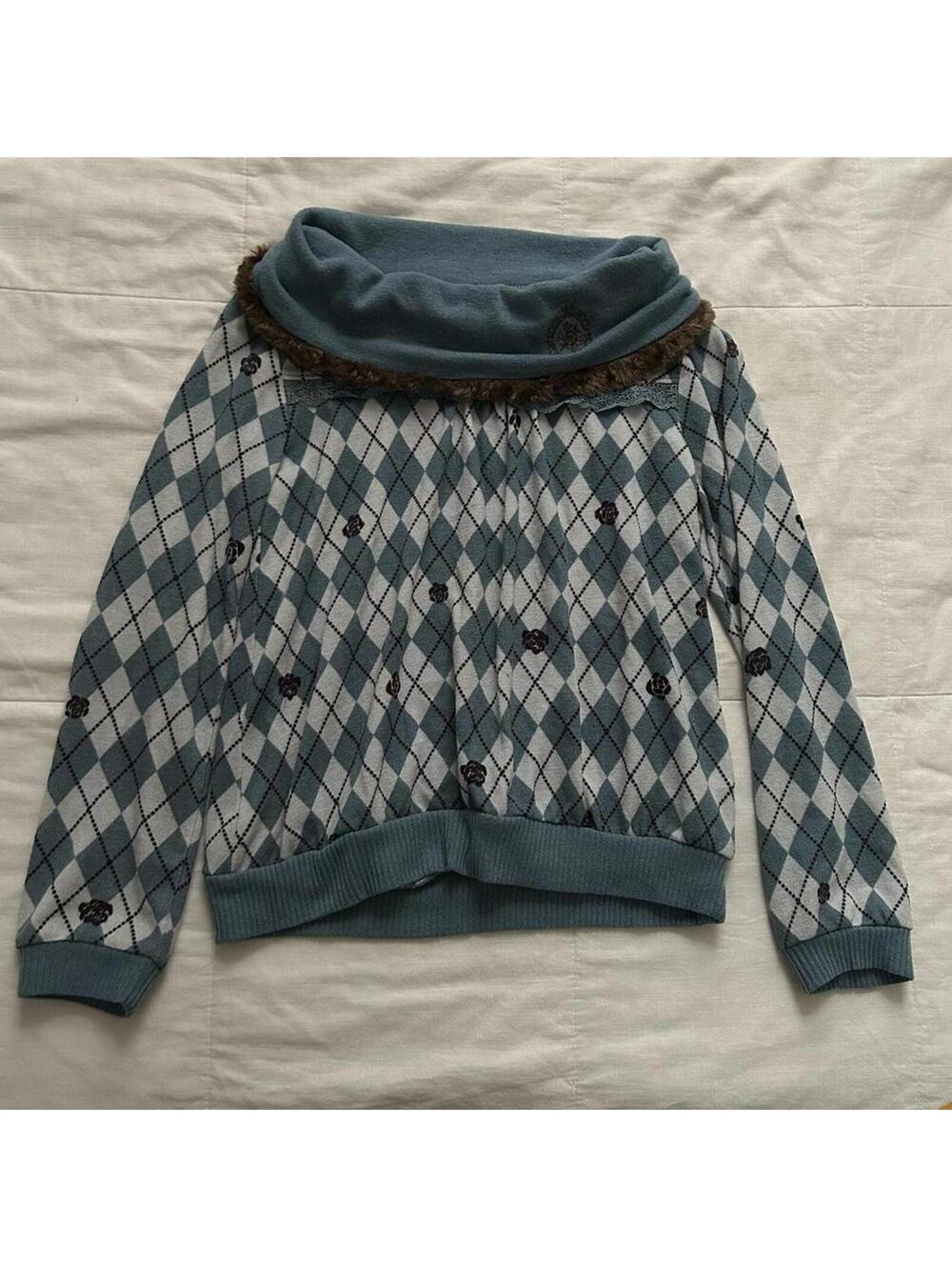 Axes Femme Teal Blue Argyle Fur Collar Sweater Preppy Academia Medium